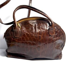 Paola Lungo Crocodile-Embossed Brown Shoulder Bag